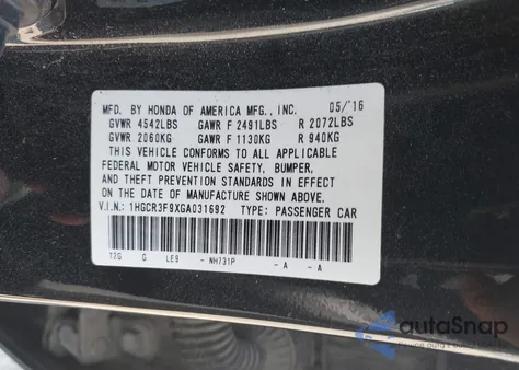 2016 Honda Accord Touring from USA, damaged, VIN 1HGCR3F9XGA031692